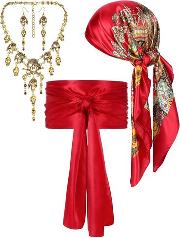 4 Pieces Pirate Costume Women Pirate Hat Pirate Head Scarf Pirate Sash Belt Necklace Earrings Pirate Accessories in Kuwait