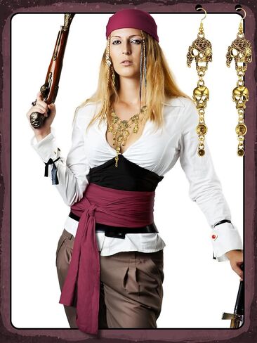 4 Pieces Pirate Costume Women Pirate Hat Pirate Head Scarf Pirate Sash Belt Necklace Earrings Pirate Accessories in Kuwait