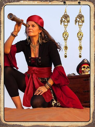 4 Pieces Pirate Costume Women Pirate Hat Pirate Head Scarf Pirate Sash Belt Necklace Earrings Pirate Accessories in Kuwait