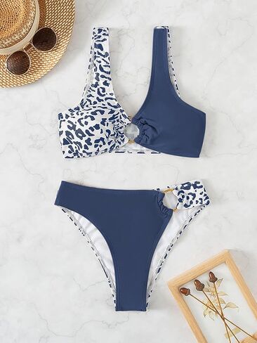 SOLY HUX Women's 2 Piece Swimsuit Color Block Leopard Print Ring Linked Bikini Set Bathing Suits in Saudi Arabia