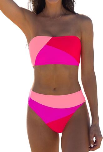 popvil Women's Color Block Bandeau Swimsuits Strapless Bikini Sets Mid Rise Two Piece Bathing Suits in Saudi Arabia