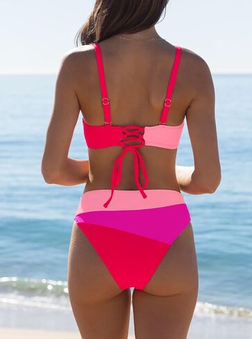 popvil Women's Color Block Bandeau Swimsuits Strapless Bikini Sets Mid Rise Two Piece Bathing Suits in Saudi Arabia