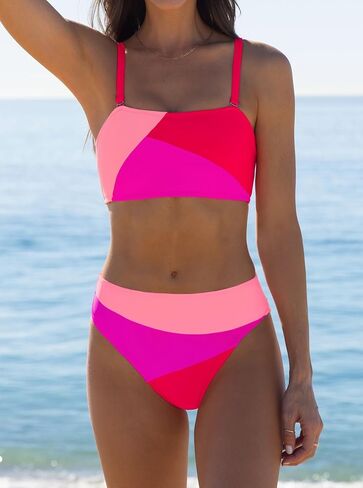 popvil Women's Color Block Bandeau Swimsuits Strapless Bikini Sets Mid Rise Two Piece Bathing Suits in Saudi Arabia