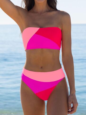 popvil Women's Color Block Bandeau Swimsuits Strapless Bikini Sets Mid Rise Two Piece Bathing Suits in Saudi Arabia