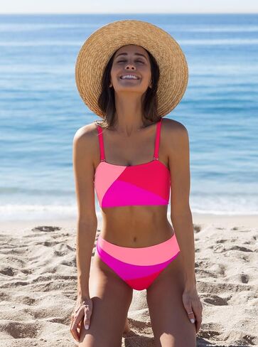 popvil Women's Color Block Bandeau Swimsuits Strapless Bikini Sets Mid Rise Two Piece Bathing Suits in Saudi Arabia