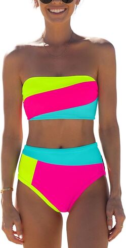popvil Women's Color Block Bandeau Swimsuits Strapless Bikini Sets Mid Rise Two Piece Bathing Suits in Saudi Arabia