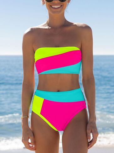 popvil Women's Color Block Bandeau Swimsuits Strapless Bikini Sets Mid Rise Two Piece Bathing Suits in Saudi Arabia