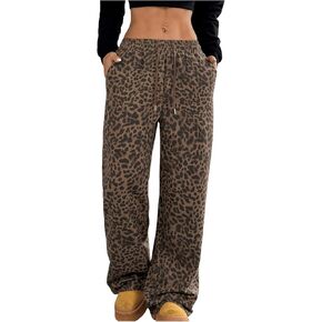 MakeMeChic Women's Leopard Print Pants Wide Leg Elastic Waist Cheetah Print Y2K Trousers