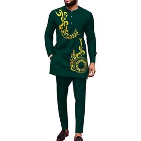 African Dashiki Outfits for Men African Suits Long Sleeve Print Shirts and Pant African Mens Clothing Wedding Wear