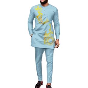 African Dashiki Outfits for Men African Suits Long Sleeve Print Shirts and Pant African Mens Clothing Wedding Wear in Kuwait