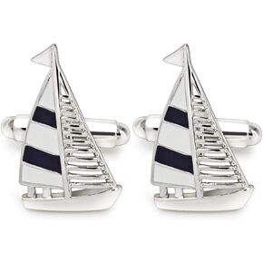 Mr.Van Navy Blue Sail Boat Cufflinks Classic Fashion Modern Stripe Cufflinks Blue and Silver