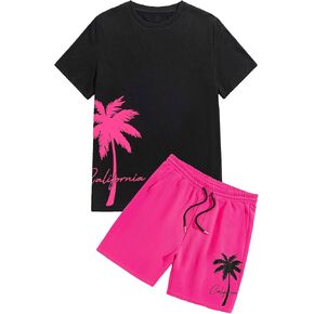GORGLITTER Men's Two Piece Tracksuits Outfits Hawaiian Graphic Matching Shirt and Shorts Set
