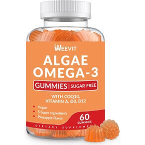 Vegan Omega 3 Gummies, Algae Omega 3 Supplement DHA 240mg, EPA 110mg w/Vitamin B12, CoQ10, Omega 3 Fish Oil Alternative for Adults - Brain, Bone, Joint, Eye & Immunity Support