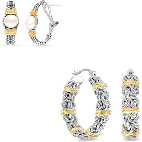 LeCalla 925 Sterling Silver Set of 2 Pairs 14K Gold Plated Hoop Earrings for Women | Bundle of Two-Tone Byzantine Station Click-Top Hoop Earring and Caviar Beaded Freshwater Pearl Clip-On Omega Back W