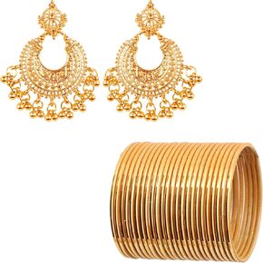 Touchstone Indian Bollywood Rhinestone Designer Jewelry Chandelier Earrings In Gold Tone With Attractive Look Golden Color Thin Designer Jewelry Bangle Bracelets Set Of 24. For Women.
