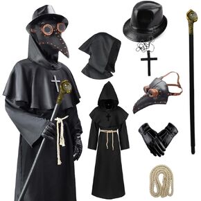 Plague Bird Doctor Costume Set Halloween Party Props Medieval Monk Priest Cosplay Adult Outfit Mask Hat Robe Black