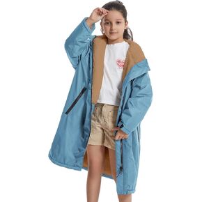 Warm Thick Lambswool Swim Parka for Kids, Oversized Hooded Surf Poncho Loose Waterproof Swimming Coat（7-14 Years Old）