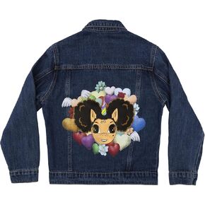 Girl's Denim Jacket with Alexis Afro Puff Unicorn LOVE Logo Design - Dark Stonewash