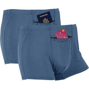 LUEXBOX Pocket Underwear for Men with Secret Hidden Pocket, Travel Boxer Briefs, 2 Packs (Blue)