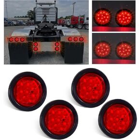 4PCS 4'' Round Led Trailer Tail Lights Kit（2 Red + 2 White）, 4 Inch 12 LED Stop Brake Turn Backup Reverse Running Lamps for Truck Semi Trailer RV Jeep, w/Grommets, 3-Prong Wire Pigtails
