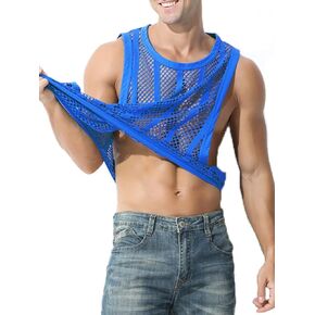 Mens See Through Fishnet Tank Tops Sleeveless Stripe Mesh Fitted Muscle Top Workout Beach Shirts