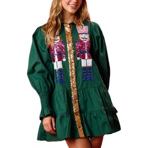 Women Christmas Sequin Skirt Nutcracker Sweatshirt T-Shirt Dress Holiday Party Long Sleeve Santa Sweater Mini Dress