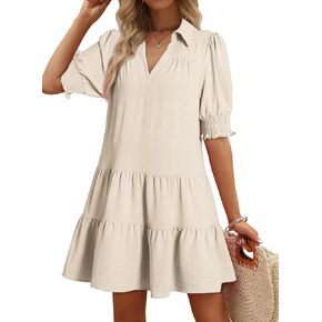 Dokotoo Casual Dresses for Women Lapel Collared V Neck Mid Sleeved Pleated Summer Dresses for Women 2024 Midi Dresses