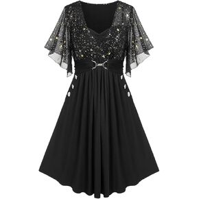 ROSE GAL Rosegal Women Plus Size Sparkly Gold Stamping Star Print Slant Pockets Ruched Butterfly Sleeves Semi Formal Dress