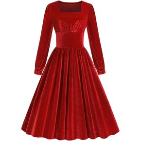 ODIZLI Women's Christmas Retro Dresses for Women Vintage Dress Long Sleeve Velvet Square Neck Swing Dress
