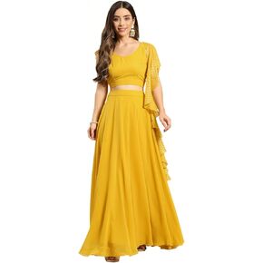 TRENDMALLS Yellow Semi-Stitched Crop Top Lehenga Choli with Foil Print Dupatta For Women (L254-Yellow) Wedding-Bridal-Latest-Party-Lehenga-Choli_Free Size