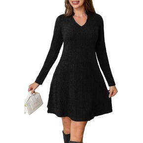 Fall Dresses for Women Long Sleeve V Neck Casual A Line Short Tunic Sweater Dress