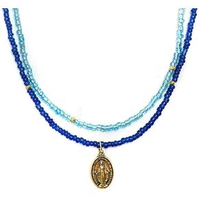 Catholic Virgin Mary Our Lady of Graces Medal Necklace for Women, Religious Jewelry, Layered Glass Beads