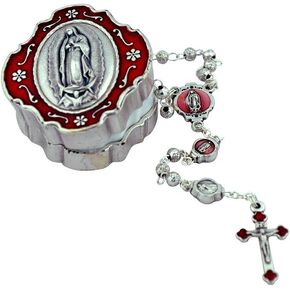 Mini Rosary Gift Set | Colored Enamel Accents | Christian Jewelry (Our Lady Guadalupe - Red Enamel)