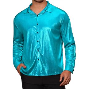 Lars Amadeus 70s Disco Shirts for Men's Long Sleeves Button Down Party Costume Metallic Shirt
