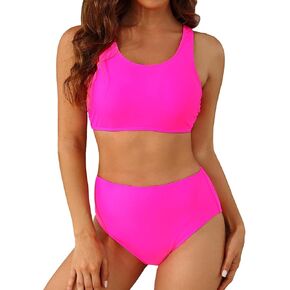 Holipick Women High Waisted Two Piece Bikini Sports Crop Top Swimsuit Scoop Neck Bathing Suit for Teen Girls with Bottom
