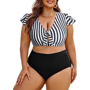 Eytino Womens Plus Size Two Piece Bikini Swimsuit Ruffle Sleeve High Waisted Tummy Control Bathing Suits Swimwear(1X-5X)