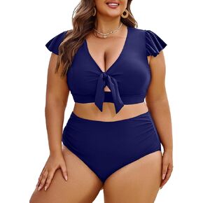 بدلة سباحة بيكيني للسيدات من Eytino مقاس كبير مكونة من قطعتين وأكمام مكشكشة وخصر عالي للتحكم في البطن (1X-5X) in Kuwait