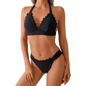 WODECASA Women's Scallop Trim Halter Triangle Bikini Set V Neck Tie Back High Cut Two Piece Swimsuit Bathing Suit