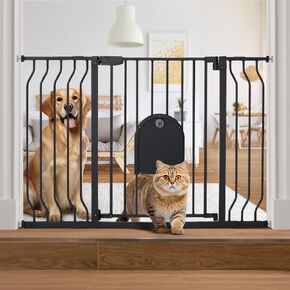 COMOMY 29.5-48.4" Baby Gate with Adjustable Cat Door,Extra Wide Metal Cat Gate for Stairs Doorways, Auto Close Dog Gate with Pet Door for House, Pressure Mounted Easy Walk Through (30" Tall, White)