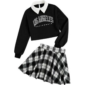 SOLY HUX Girl's 2 Piece Outfits Letter Print Long Sleeve Pullover Cute Sweatshirt Top and Plaid Mini Skirt Set