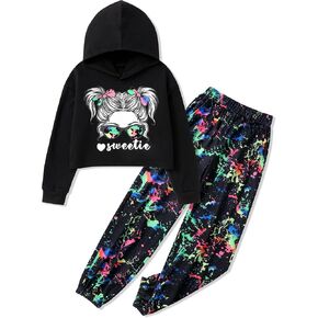 Girls Clothes Cool Girl Print Hoodie Pullover Sweatshirt and Camouflage Pants with Pockets Girls' Clothing Sets
