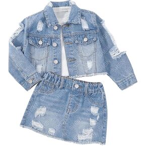 Toddler Girls 2 Piece Ripped Denim Outfit Button Up Long Sleeve Jacket and Mini Jean Skirt Set