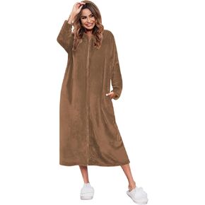 Ekouaer Fleece Robes for Women Hooded Plush Zipper Front Long Bathrobe Flannel Warm House Robe Sleepwear with Pockets