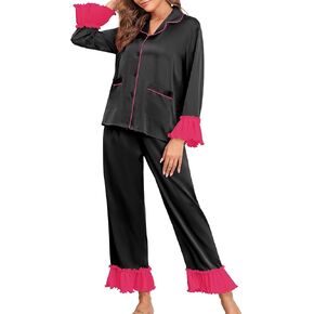 Brosloth Womens Silk Satin Button Up Pajamas for Women Soft Comfy Long Sleeve 2 Piece Loungewear Set Sleepwear
