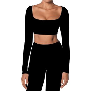 Sunzel Long Sleeve Workout Tops for Women Breathable Square Neck Crop Top with Built in Bra Cropped Yoga Shirt for Lounge Gym