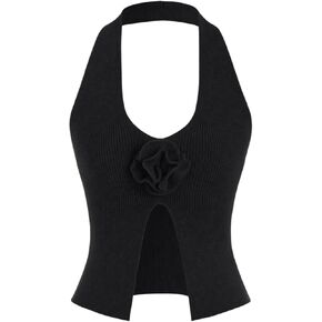 GORGLITTER Women's Sexy Going Out Vest Tops Fashion Crochet Knit Ribbed Sweater Vest Open Front Trendy Halter Crop Tops