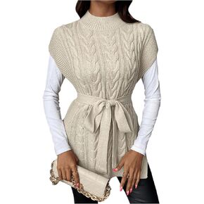 MakeMeChic Women's Cable Knit Mock Neck Cap Sleeve Vest Split Hem Belted Sweater