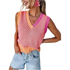 MakeMeChic Women's Sweater Vest Colorblock Crochet Knit V Neck Sleeveless Sweaters Vest Tops