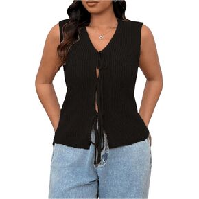 SHENHE Women's Plus Size Tie Front Bow Sweater Vest V Neck Sleeveless Soft Knit Cardigan Vests