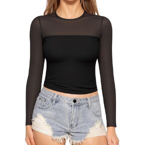 MANGOPOP Women's Mesh Long Sleeve Tops Crewneck Sexy Sheer T Shirts Slim Fitted Going Out Top Tee